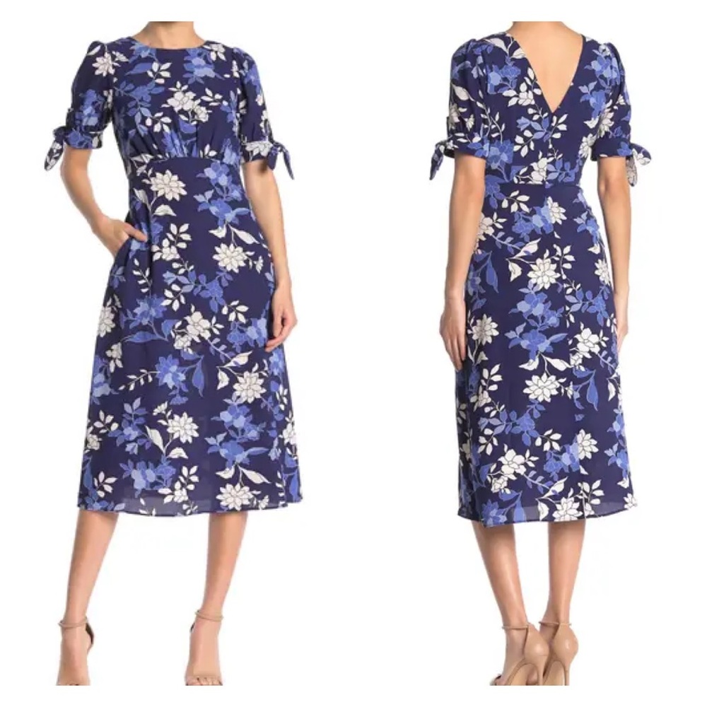 Vince Camuto Size 6 Floral Tie Sleeve Midi Dress